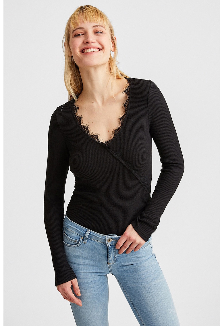 Bluza slim fit striata cu detalii de dantela - Negru