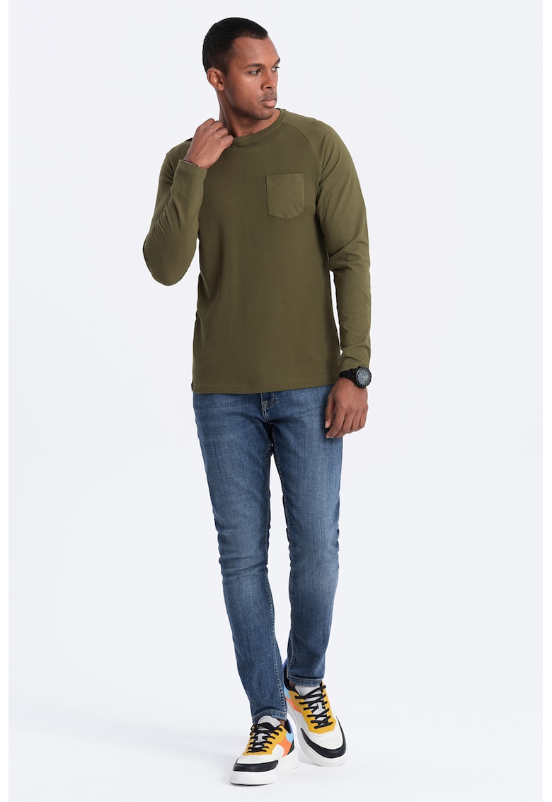Bluza texturata cu buzunar pe piept - Verde masliniu