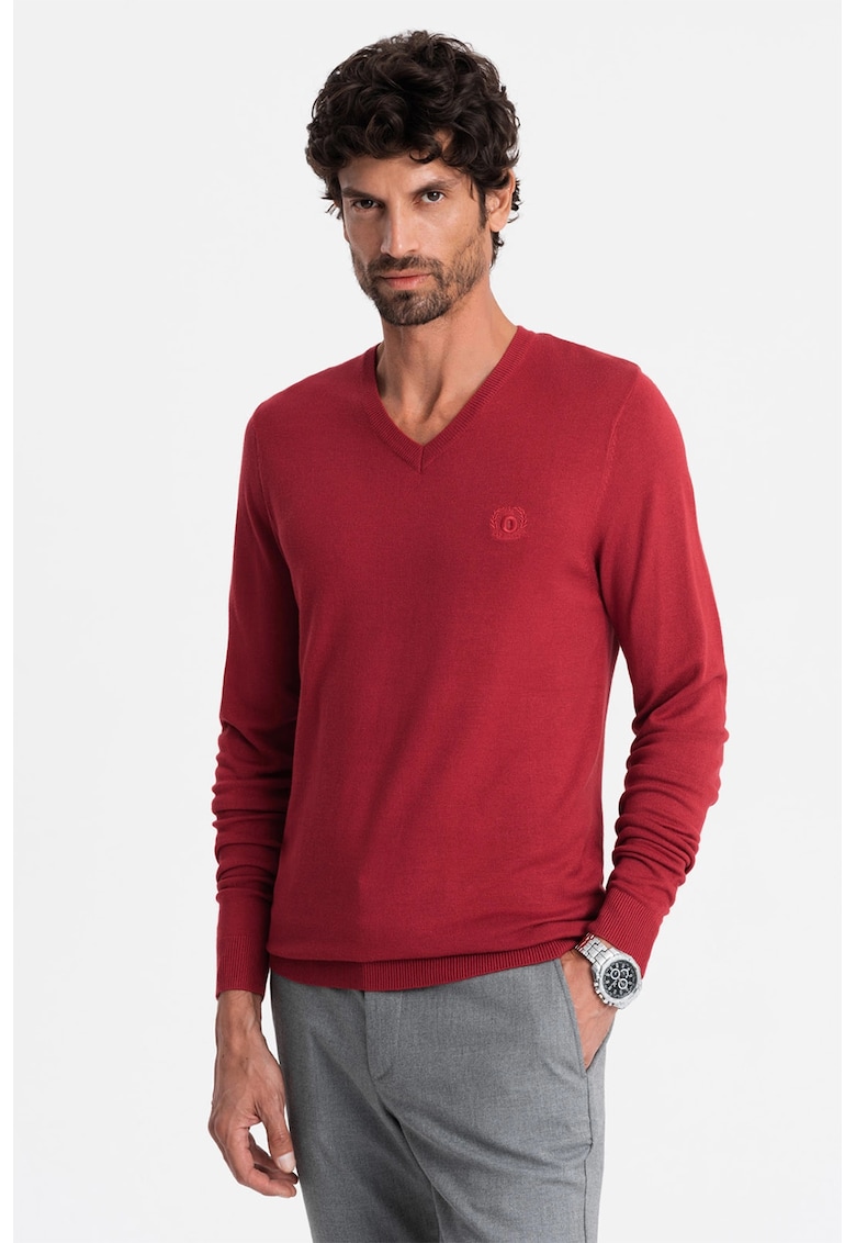 Pulover slim fit cu decolteu in V - Rosu
