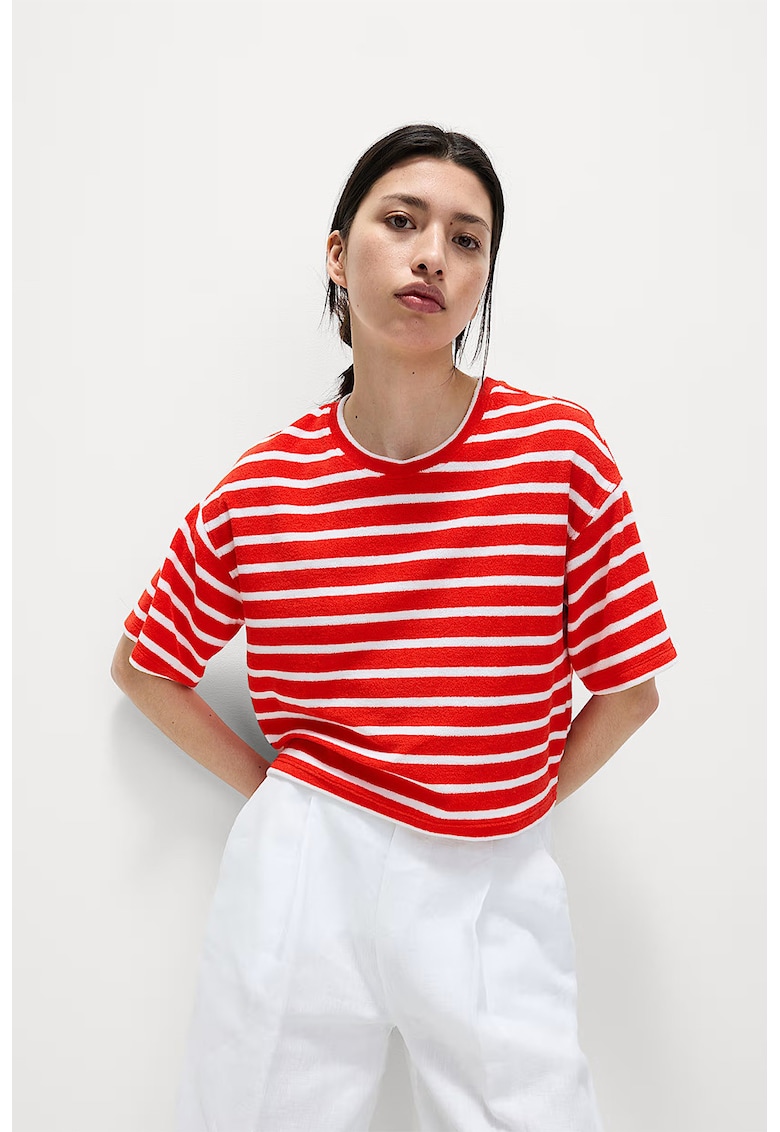 Tricou crop cu model in dungi - Alb/Rosu vermillion