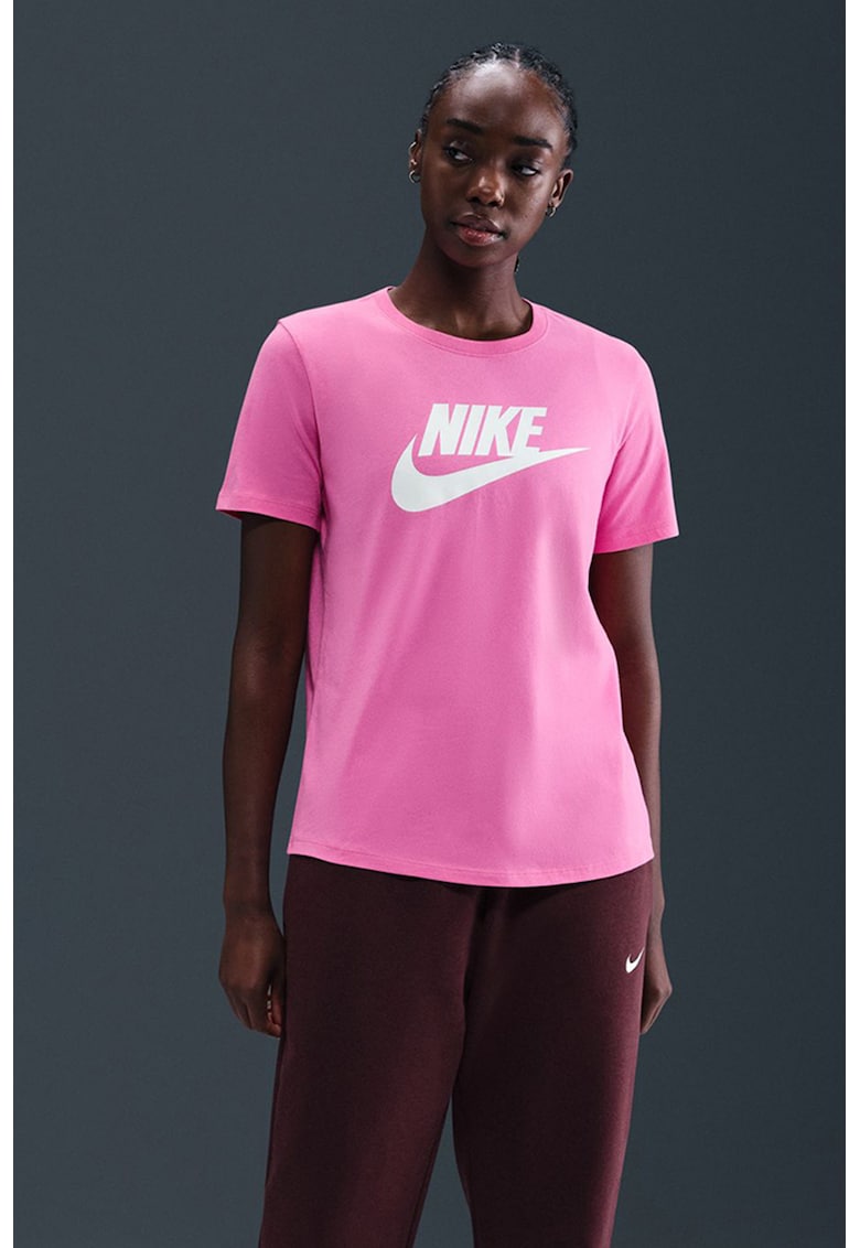 Tricou din bumbac cu imprimeu logo Essentials - Alb/Roz deschis