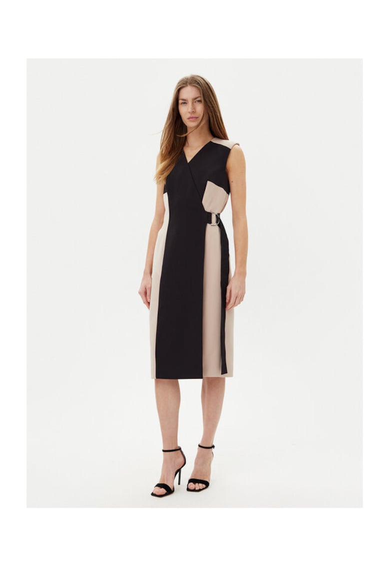 Rochie midi fara maneci - 100% poliester - Negru/Bej
