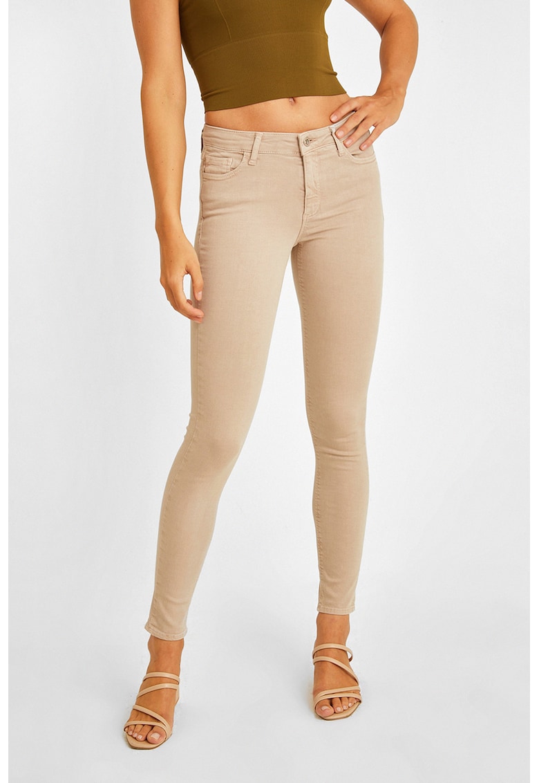 Blugi crop skinny cu talie medie - Maro nisip