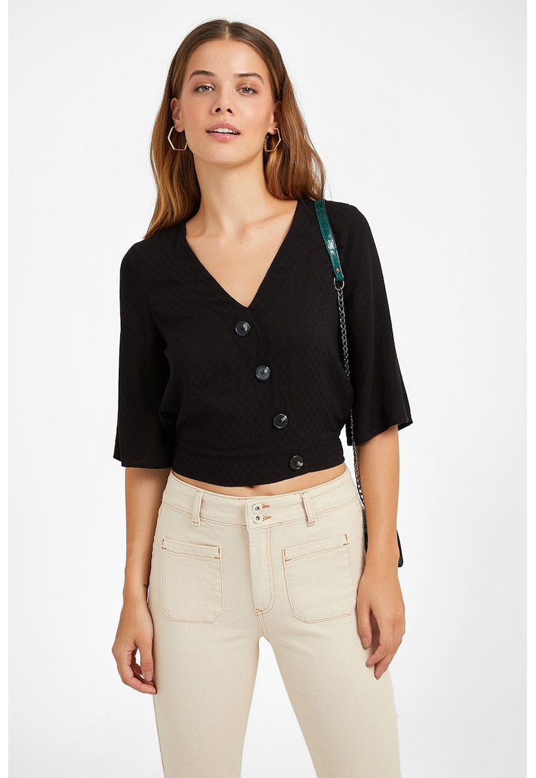 Bluza crop cu nasturi asimetrici - Negru