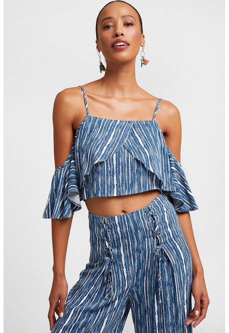 Bluza crop cu decupaje pe umeri - Alb/Albastru pastel