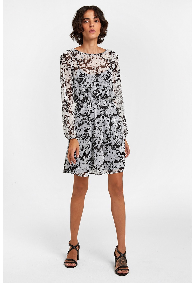 Rochie mini cu model floral si maneci semitransparente - Alb/Negru/Transparent