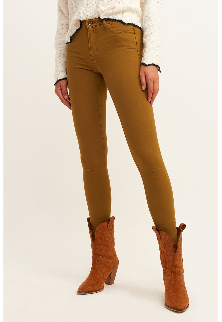 Blugi crop skinny cu talie medie - Caramel