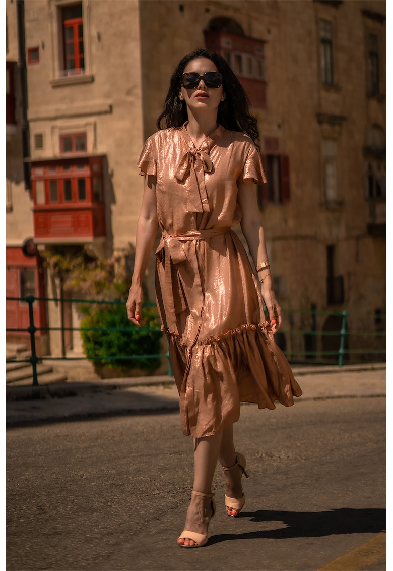 Rochie midi stratificata cu funda din panglici - Bronz