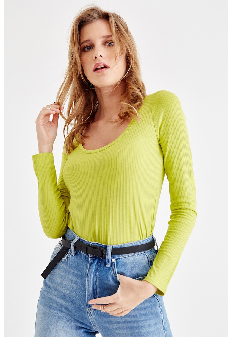 Bluza slim fit cu decolteu rotund - Verde lime