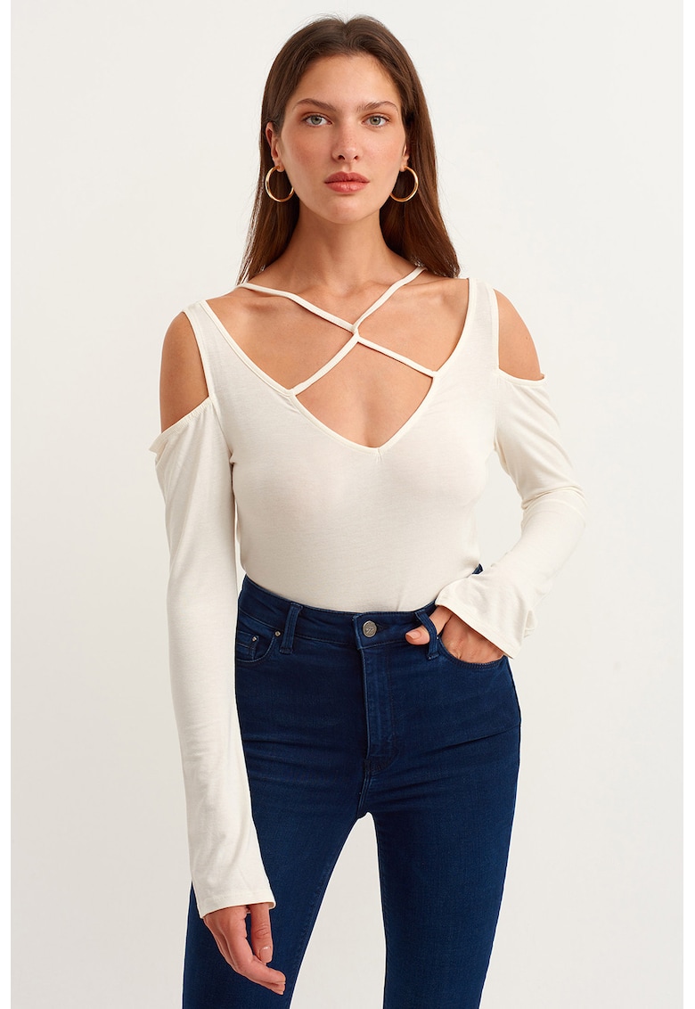 Bluza cu decupaje pe umeri si barete frontale incrucisate - Alb murdar