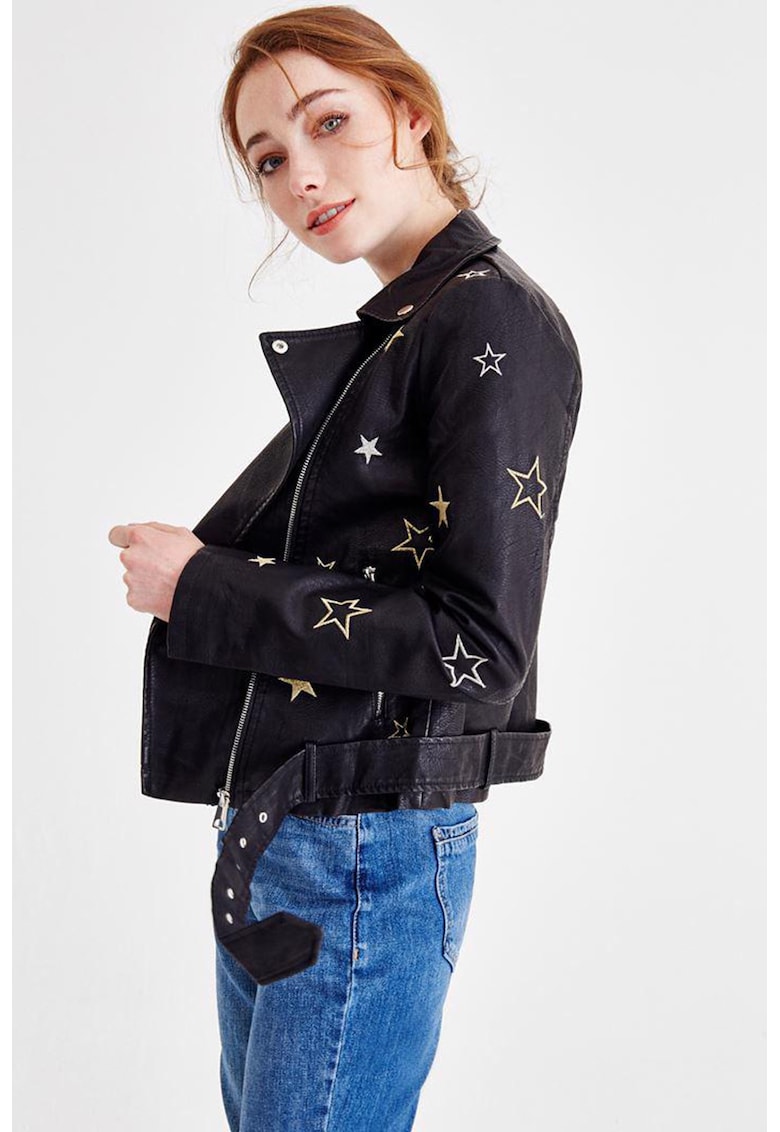 Jacheta biker din piele ecologica cu model cu stele - Negru