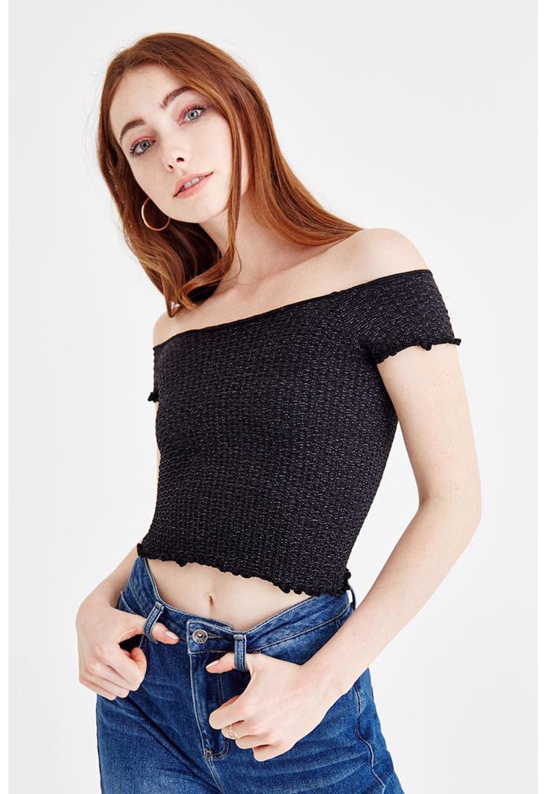 Top crop cu aspect stralucitor - Negru