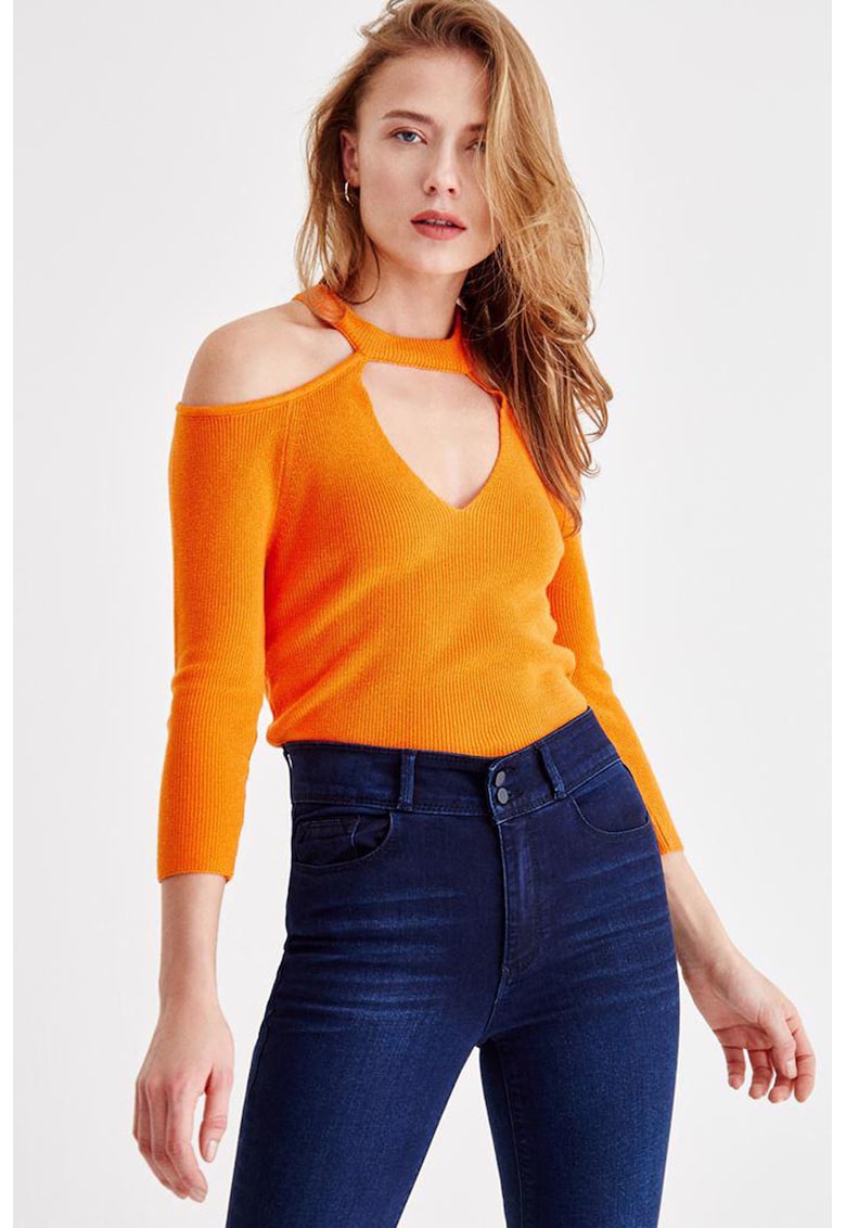 Pulover striat cu decupaje pe umeri - Portocaliu mandarina
