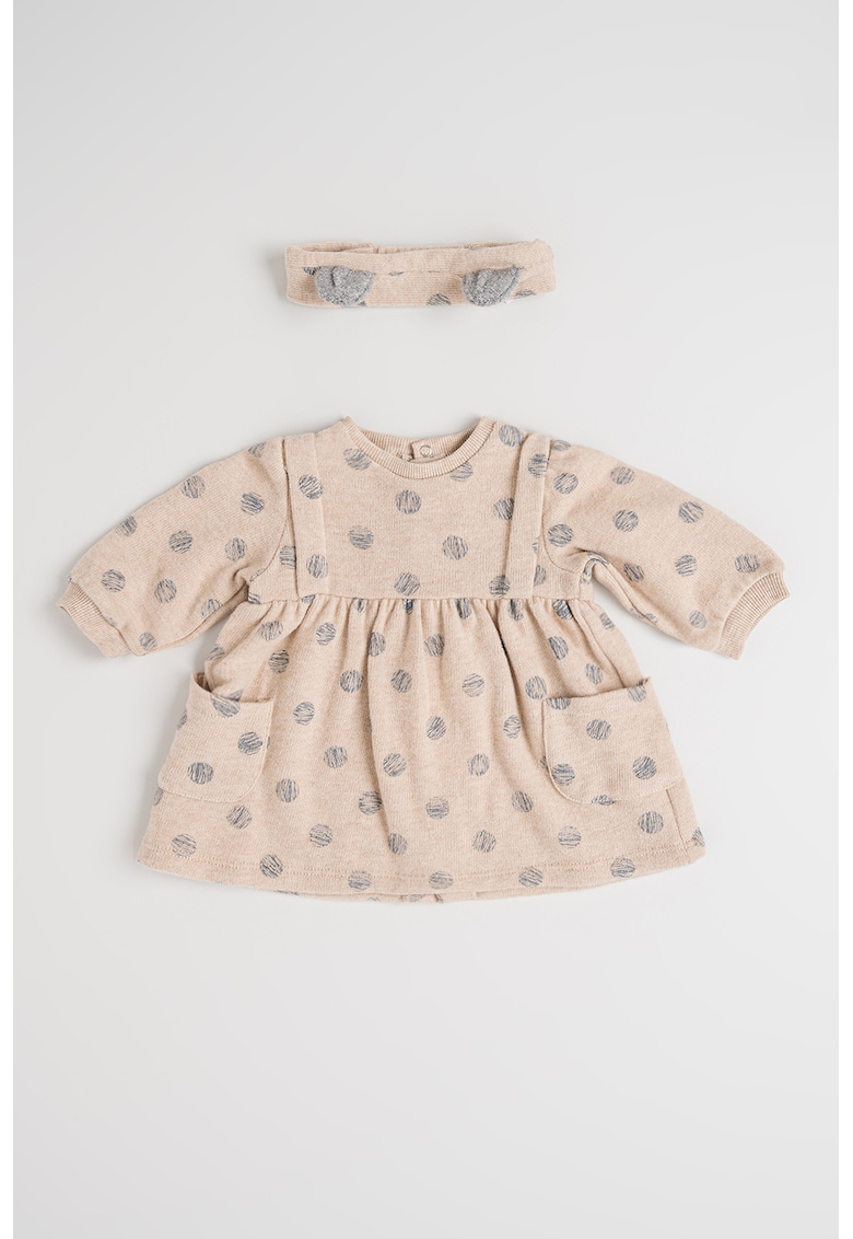Knit Dress With Hearts Pattern And Headband Set - Bej