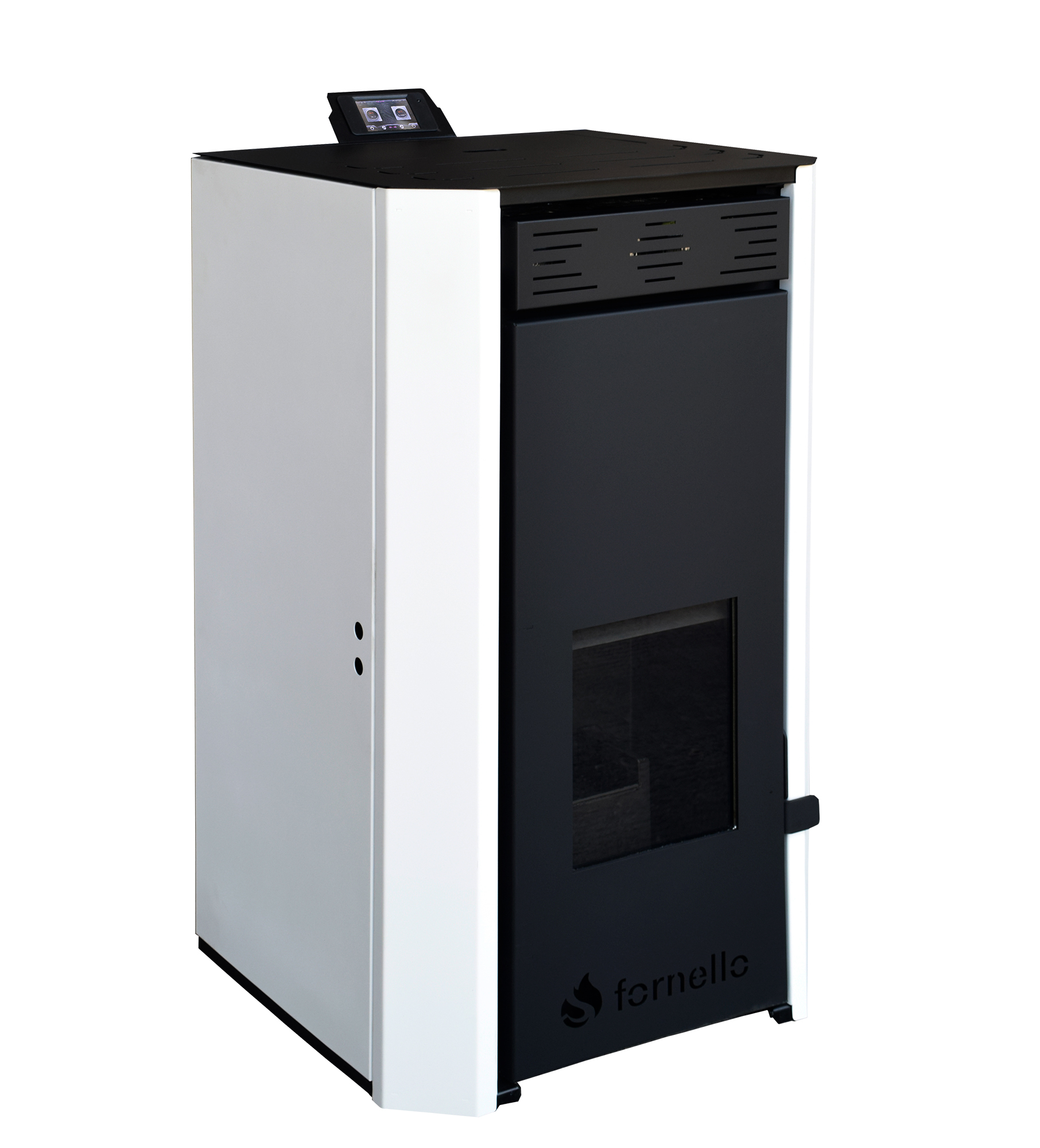 Termosemineu pe peleti Fornello EVA 30 KW pompa circulatie vas expansiune WI-FI buncar tiraj fortat recomandat pentru 200 mp Alb