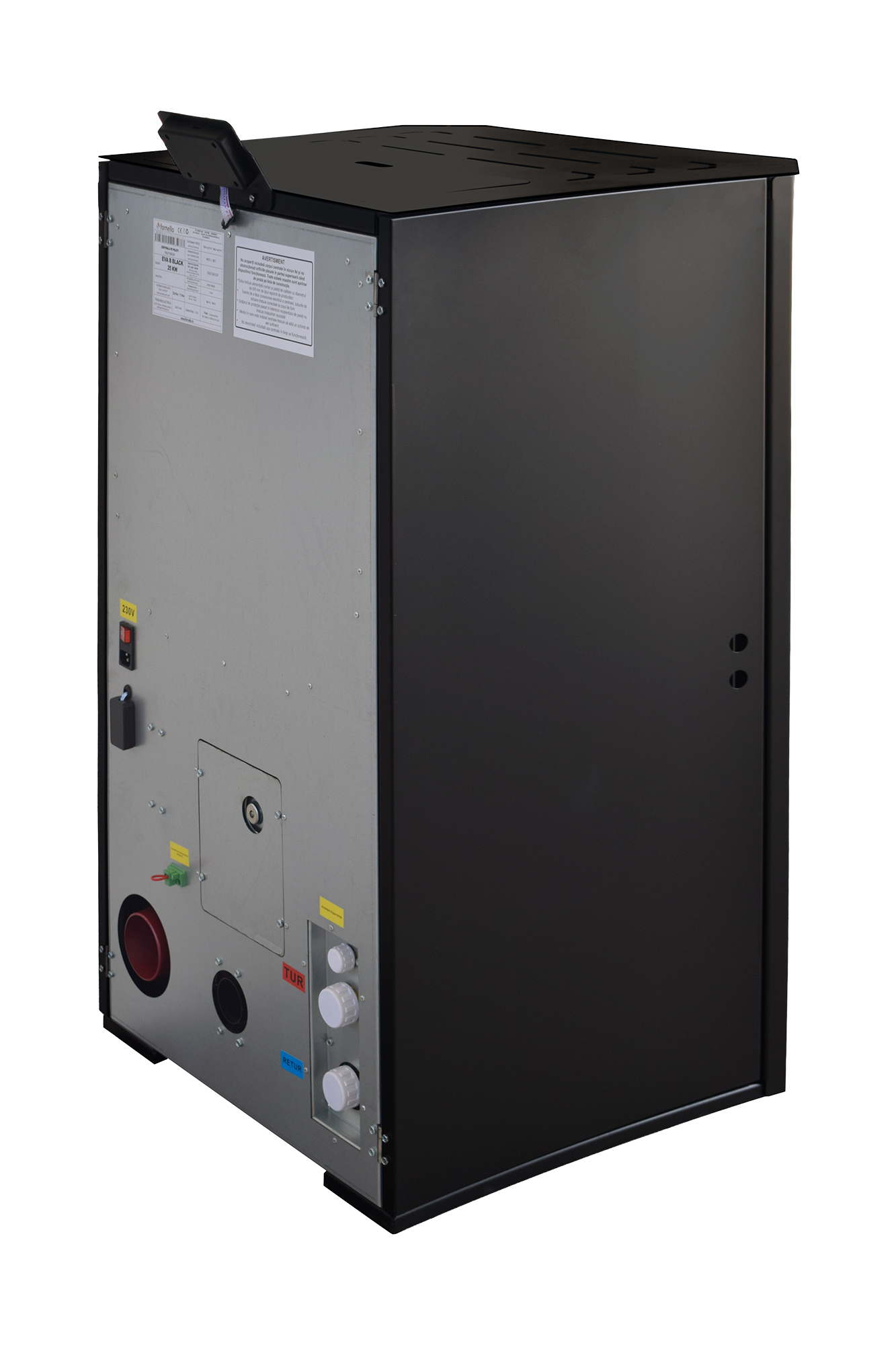 Centrala pe peleti Fornello EVA B Black 30 KW pompa circulatie vas expansiune Grup siguranta WI-FI buncar tiraj fortat recomandat pentru 200 mp Negru