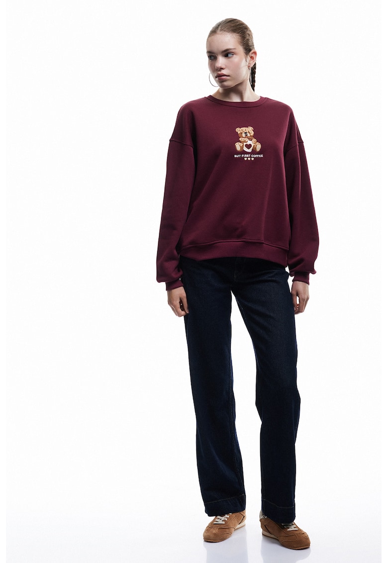 Bluza de trening cu broderie ursulet - Visiniu/Maro deschis