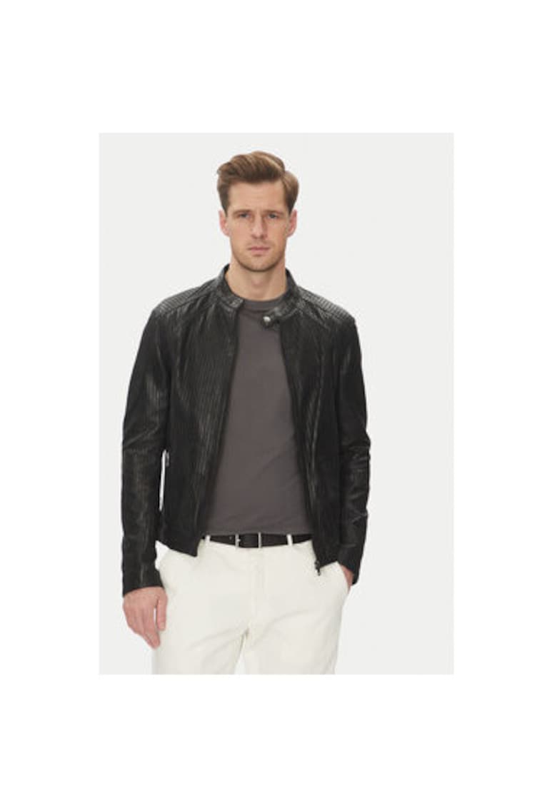 Geaca din piele barbati  LENI PERFORATED - Piele naturala - Negru - Negru