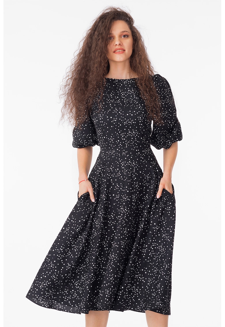 Rochie midi cu maneci bufante - Alb/Negru stins