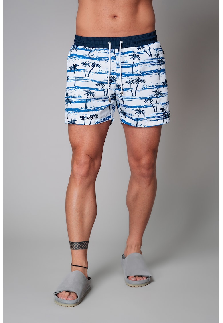 Pantaloni scurti de baie cu snur de ajustare si imprimeu tropical - Negru/Alb optic/Albastru