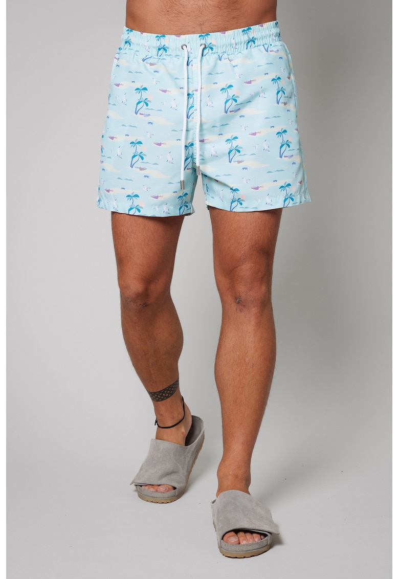 Pantaloni scurti de baie cu model si buzunare laterale - Albastru pastel/Albastru royal