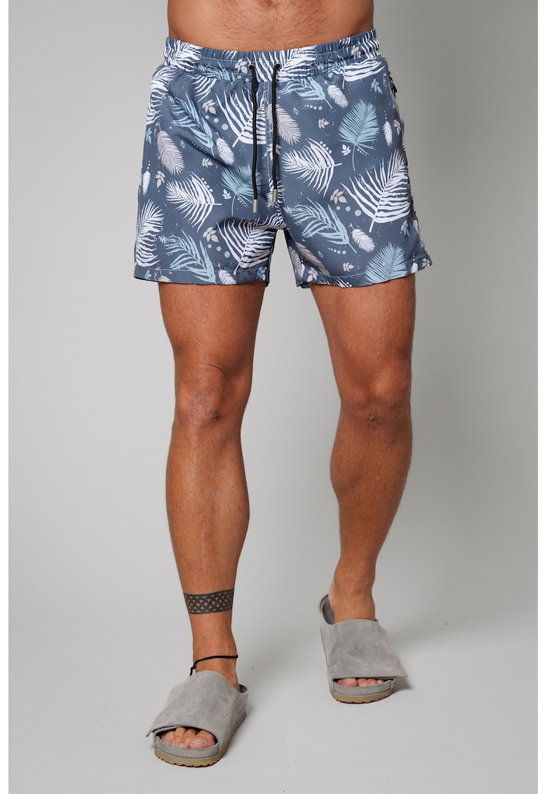 Pantaloni scurti de baie cu model si buzunare laterale - Alb/Albastru prafuit
