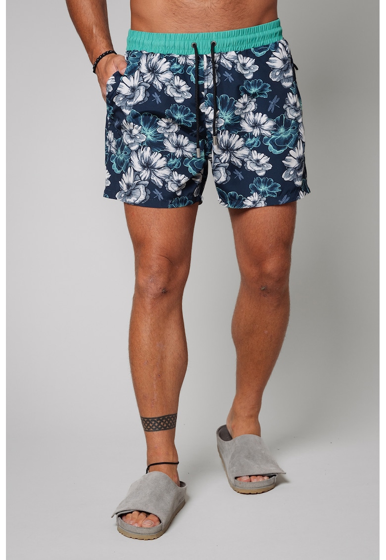 Pantaloni scurti de baie cu model si buzunare laterale - Alb/Albastru inchis/Albastru petrol