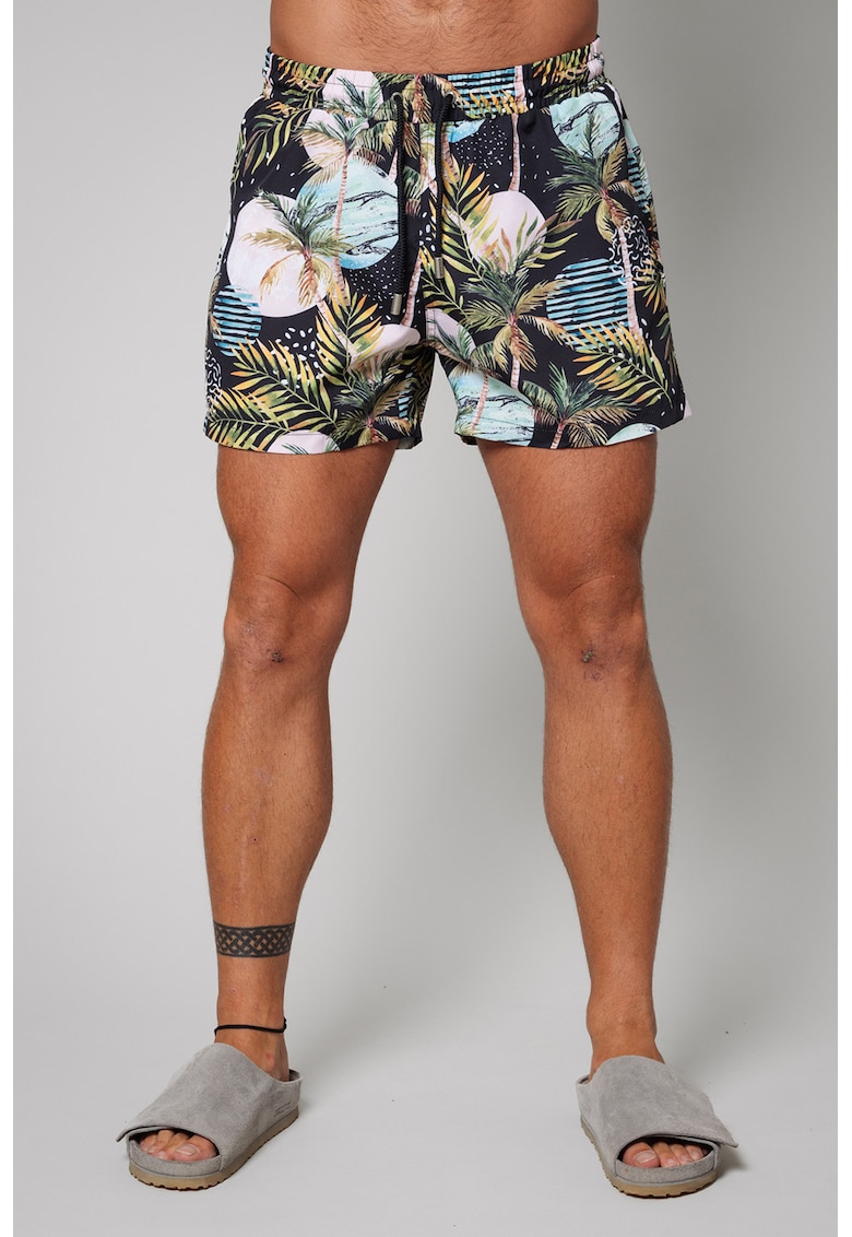 Pantaloni scurti de baie cu model si buzunare laterale - Albastru pastel/Negru/Alb optic