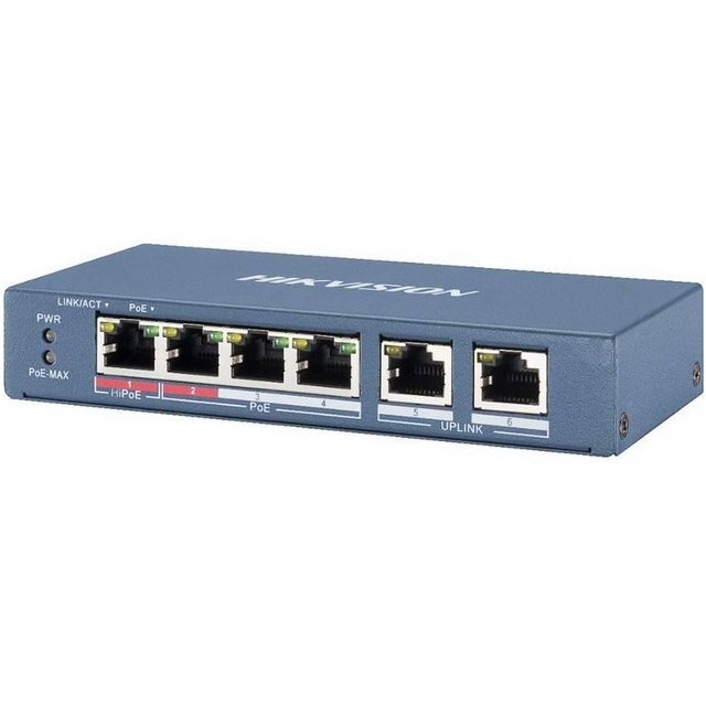 Switch 4 porturi PoE Hikvision DS-3E1106HP-EI, 4 100 Mbps PoE RJ45