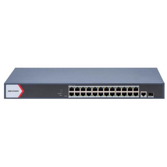 Switch 24 porturi Gigabit Hikvision DS-3E1526P-EIV2, 24 porturi gigabit PoE, 1 port Gigabit RJ45 si 1 port gigabit fibra optica