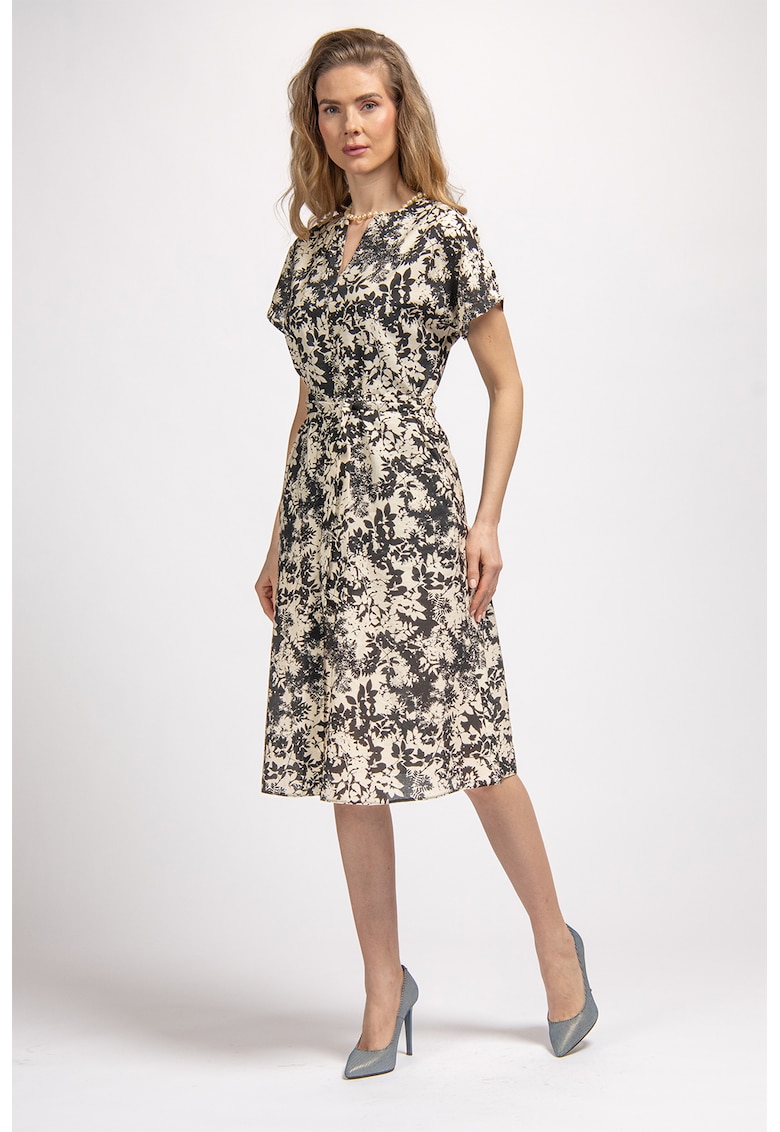 Rochie midi cu model floral si buzunare laterale - Bej deschis