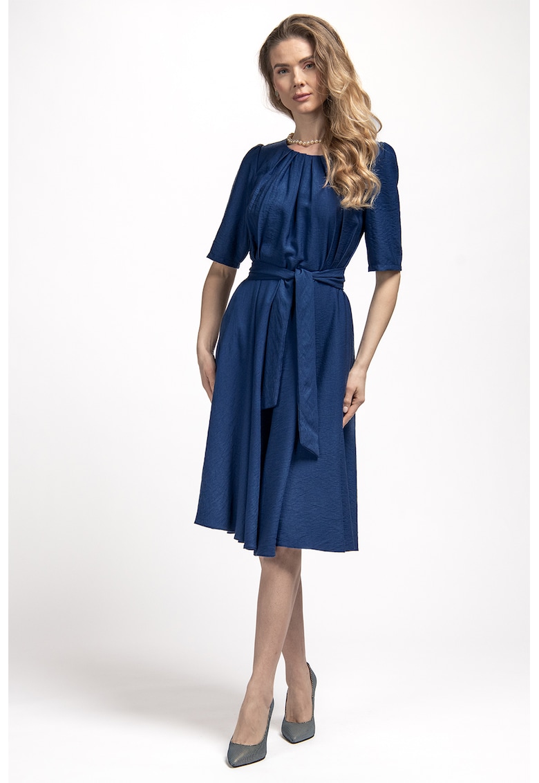 Rochie midi evazata cu cordon in talie - Albastru
