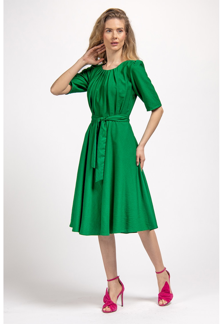 Rochie midi evazata cu cordon in talie - Verde