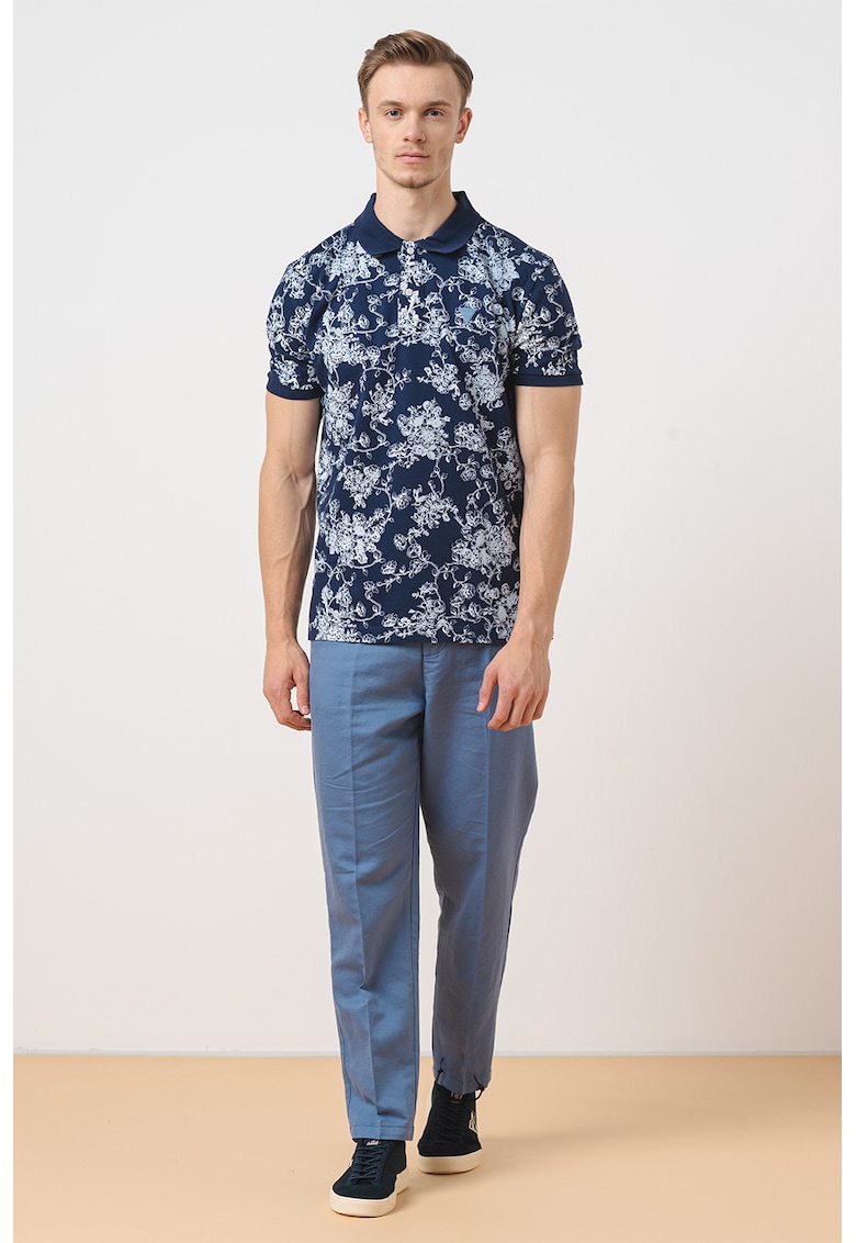 Tricou polo din amestec de bumbac cu model - Alb optic/Bleumarin