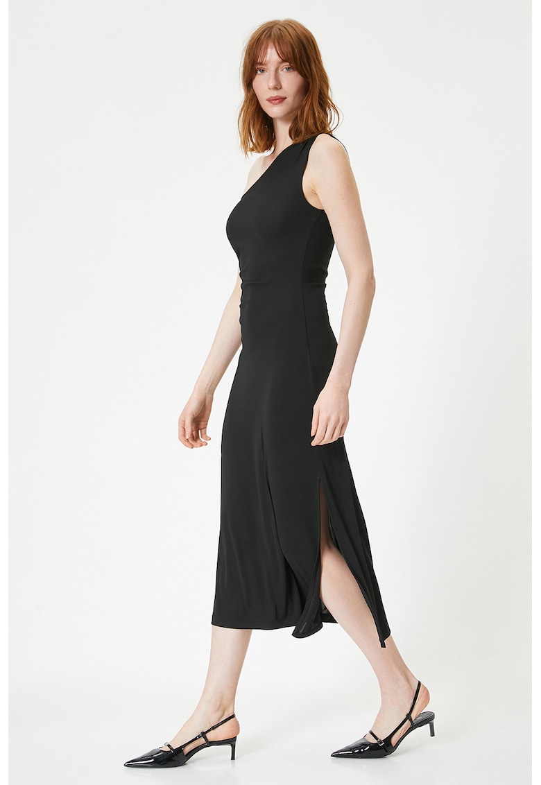 Rochie midi cu decolteu asimetric - Negru