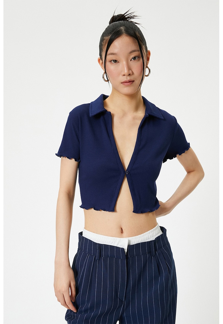 Tricou crop slim fit cu aspect striat - Bleumarin