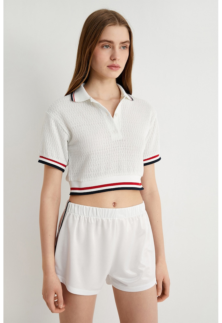 Tricou polo crop - Rosu/Alb/Bleumarin