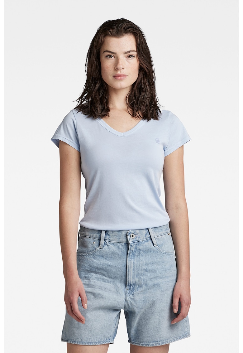 Tricou slim fit din bumbac organic cu decolteu in V Eyben - Albastru pastel