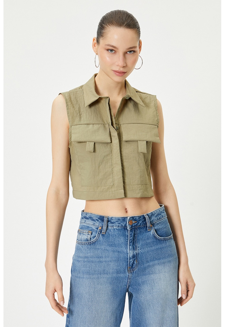 Bluza crop fara maneci cu buzunare pe piept - Kaki