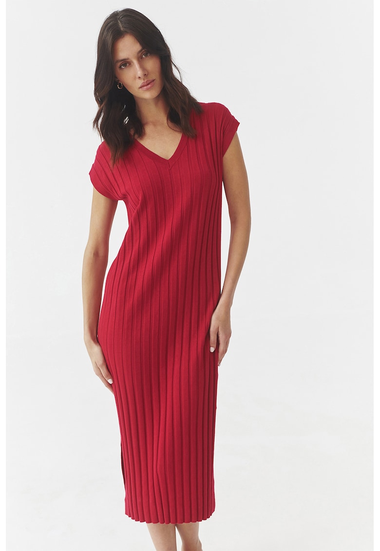 Rochie cu striatii si decolteu in V Liberty - Rosu inchis