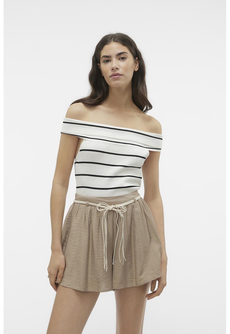 Tricou cu model in dungi si decolteu pe umeri - Alb/Negru