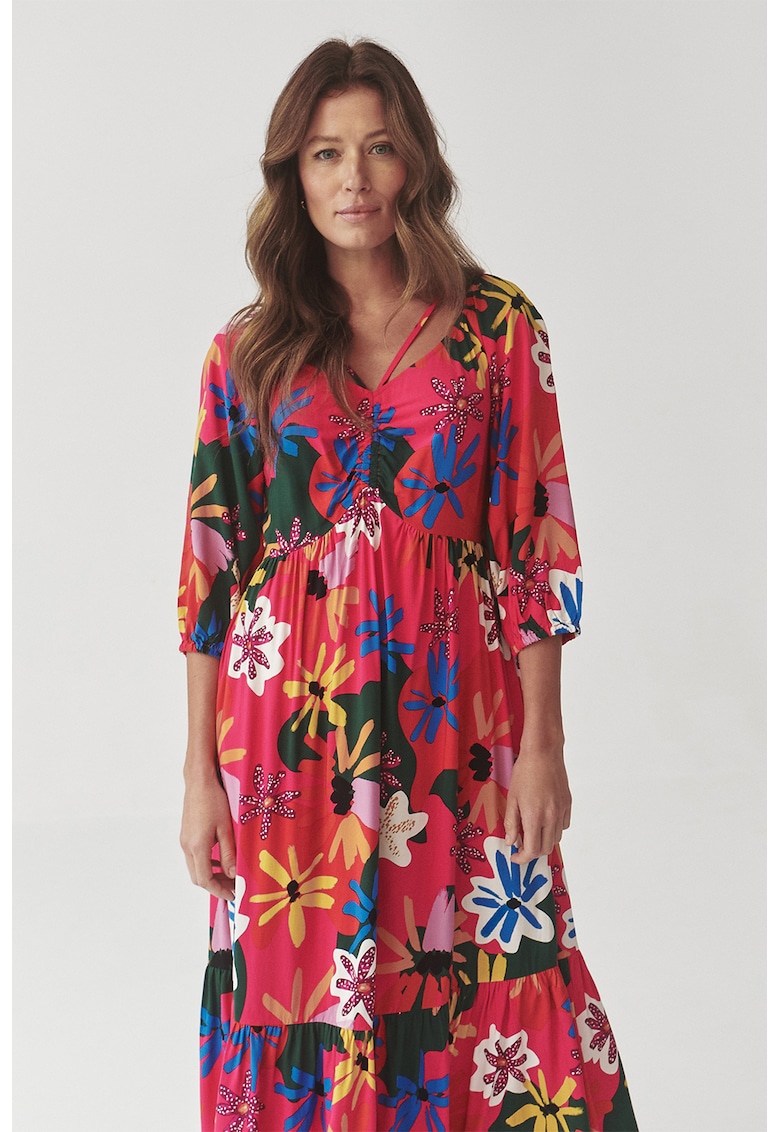 Rochie lunga cu model si decolteu in V - Verde/Roz aprins/Albastru royal