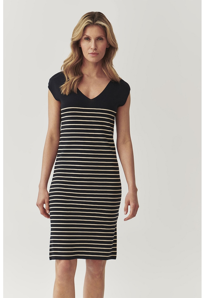 Rochie scurta cu model in dungi si decolteu in V - Alb fildes/Negru