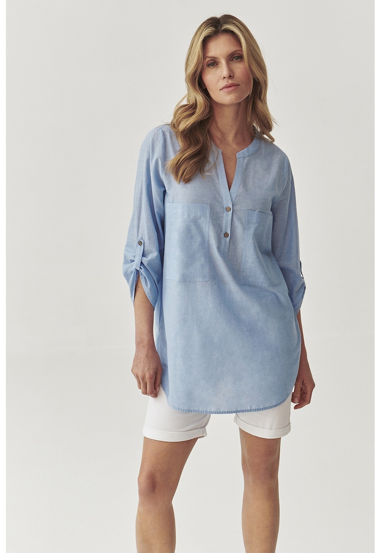 Bluza cu guler tunica si buzunare pe piept - Albastru pastel