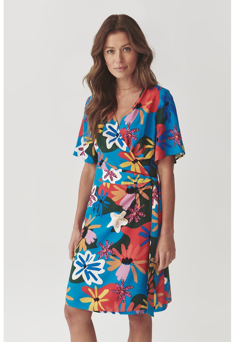 Rochie scurte petrecuta cu model - Galben sofran/Albastru royal/Rosu vermillion