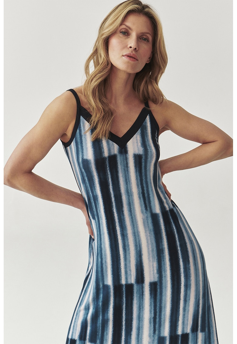Rochie lunga cu croiala dreapta - model si slit lateral - Alb/Albastru