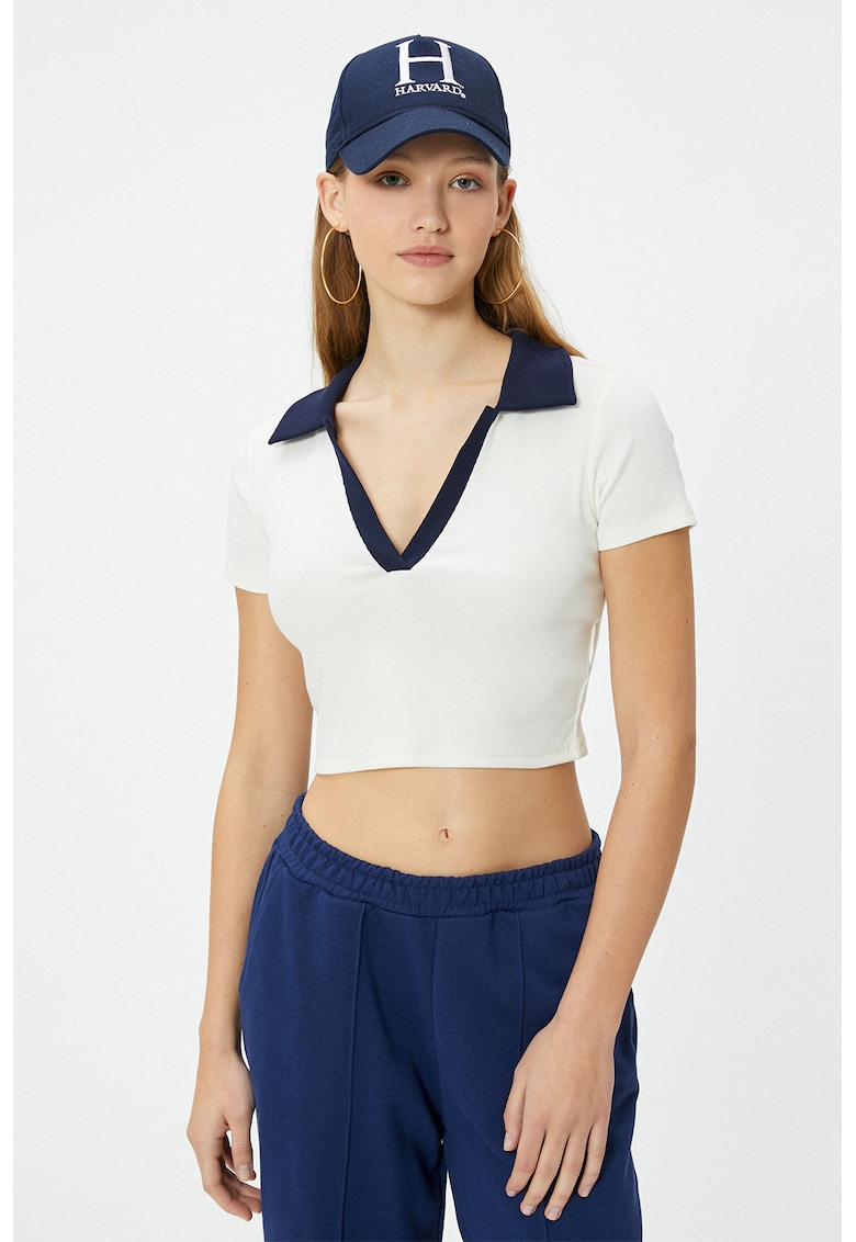 Tricou polo crop - Alb/Bleumarin