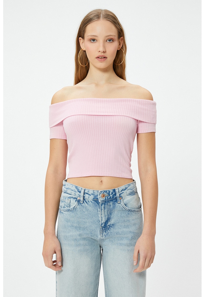 Tricou striat cu decolteu pe umeri - Roz pastel