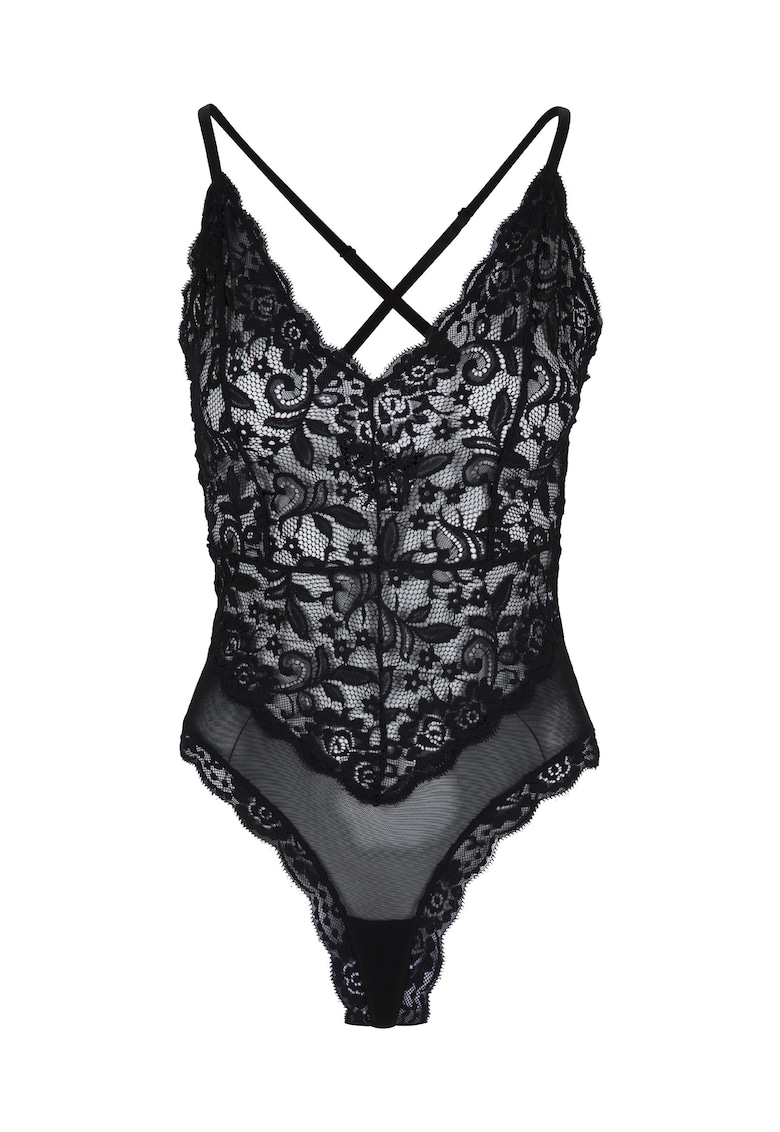 Body de dantela cu garnitura de plasa - Negru