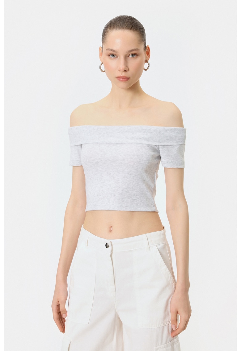 Tricou crop cu decolteu pe un umar - Gri deschis melange